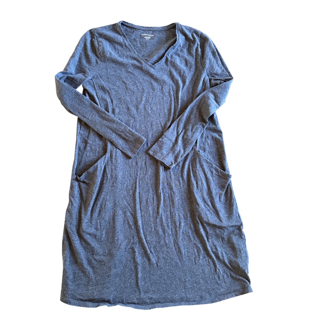 Eileen Fisher Organic Cotton V-Neck Long Sleeve Pocket Shift Dress dark Gray XS